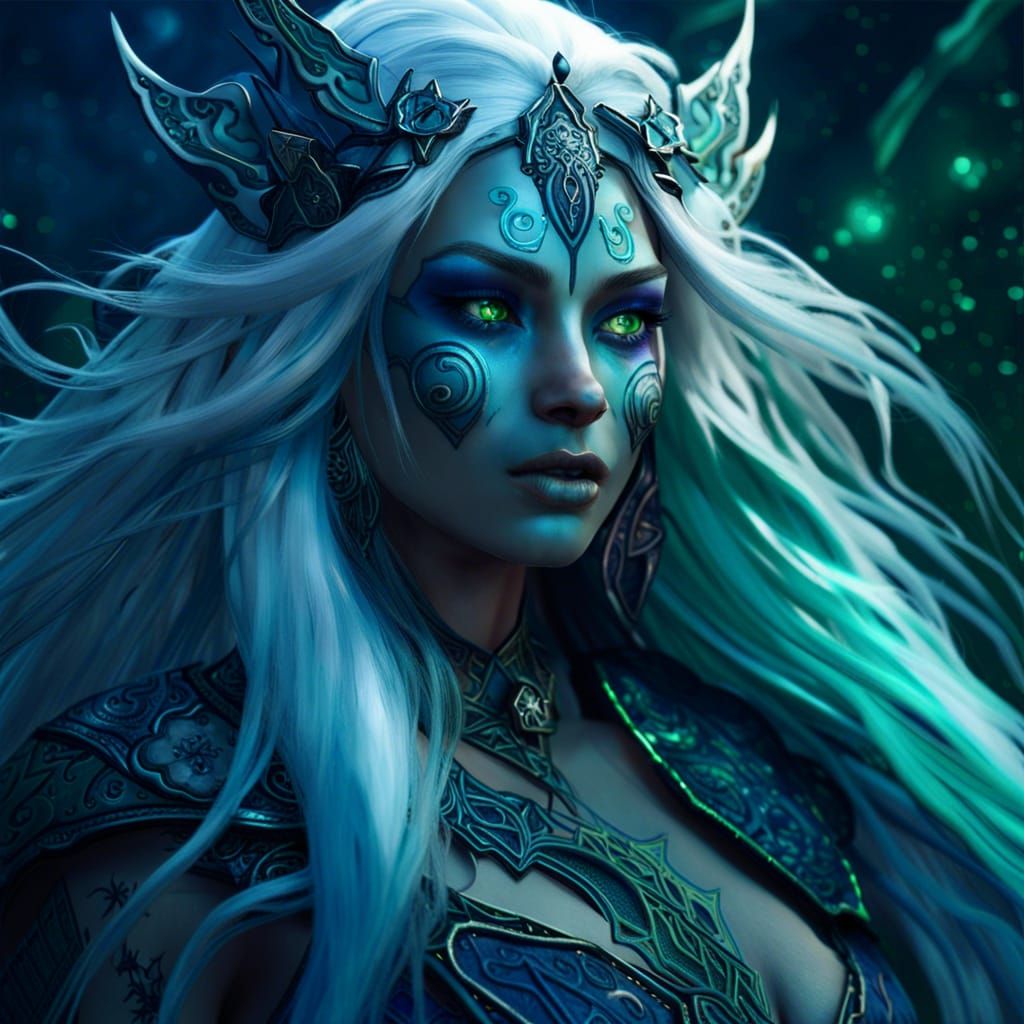 Celestial Moon Elf with Blue Skin and Tattoos