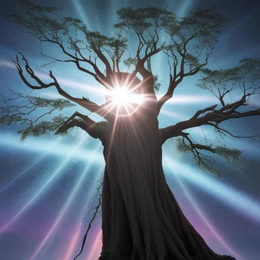 Tree Hand Reaching to Heaven with Iridescent Light