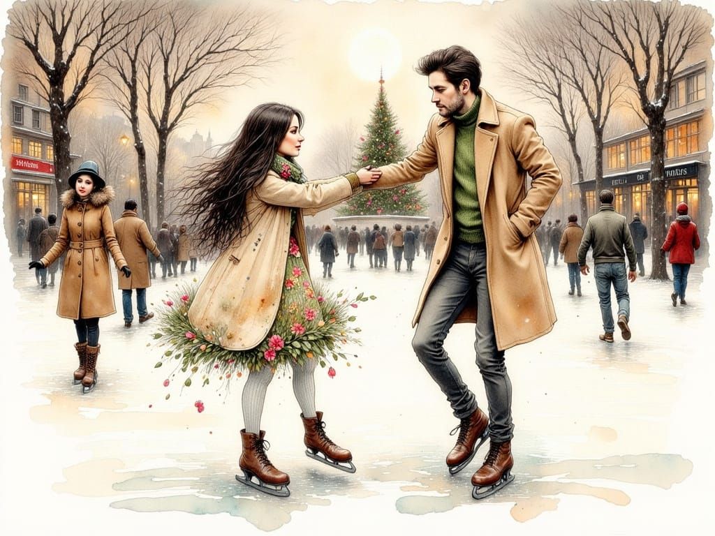 Man Learns to Skate in Dreamy Ink Drawing