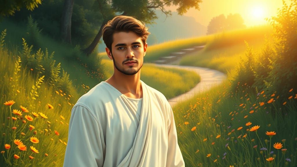 Serene Disciple Embarks on Sacred Journey in Divine Light