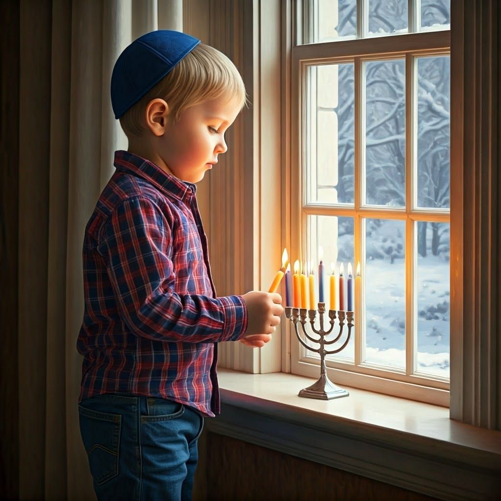 Haredi Boy Lights Chanukah Candles in Winter Wonderland