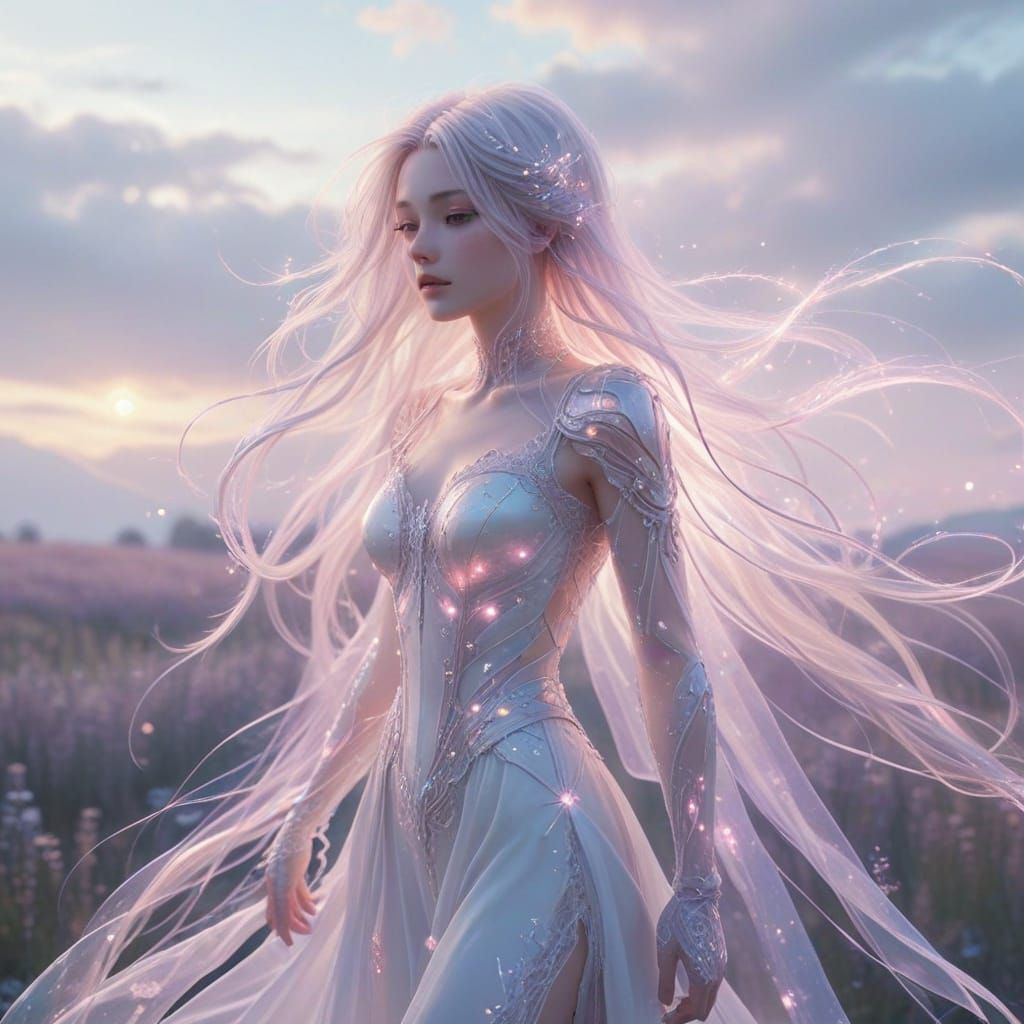 Pastel Cyborg Woman in Ethereal Anime Style