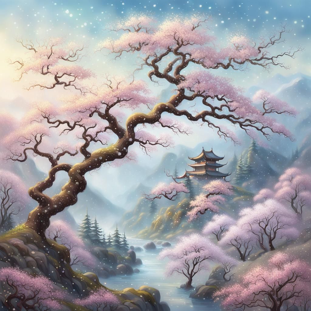 Ethereal Winter Landscape with Plum Tree