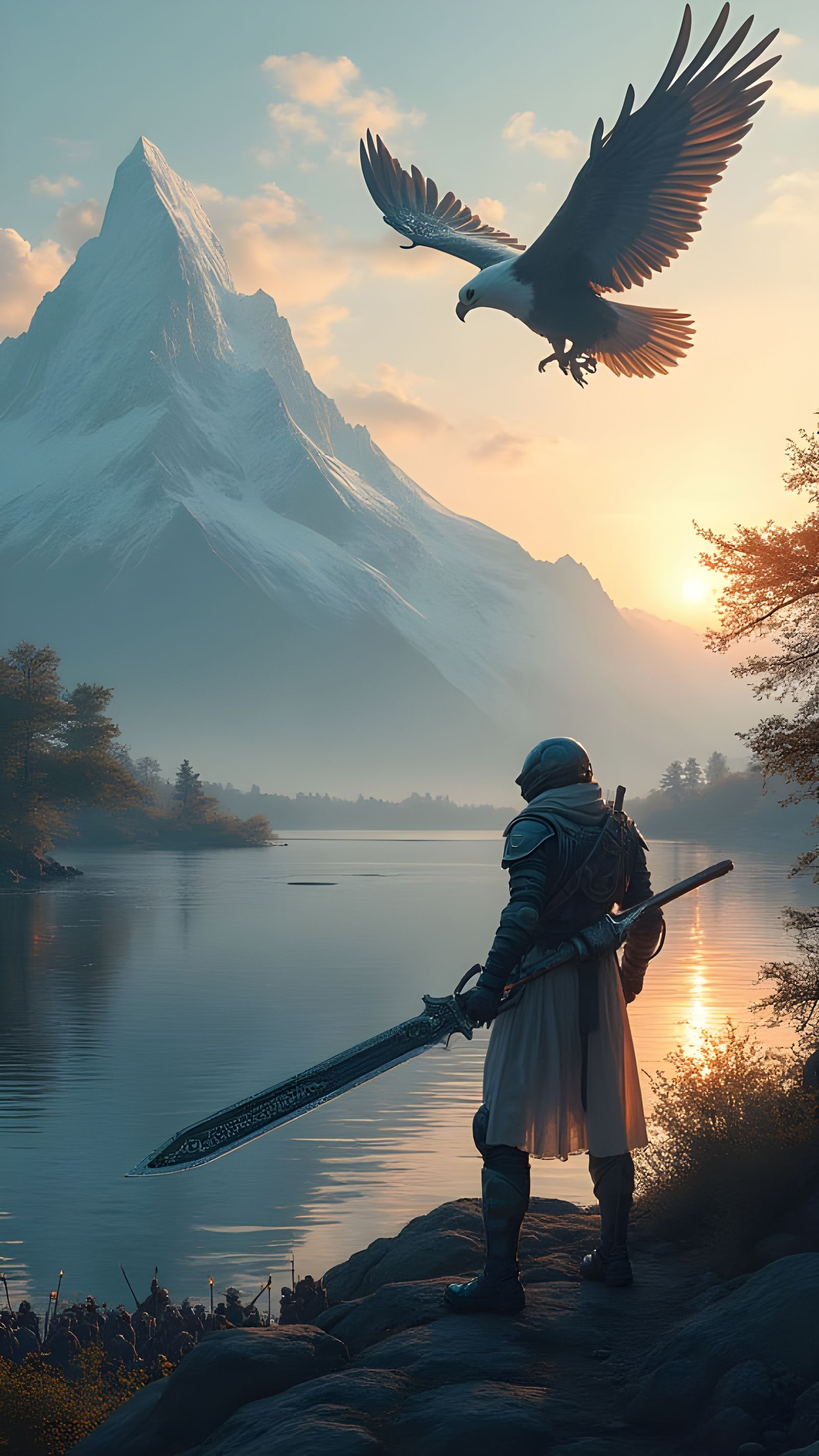 Futuristic Fighter on Green Mountain at Sunrise