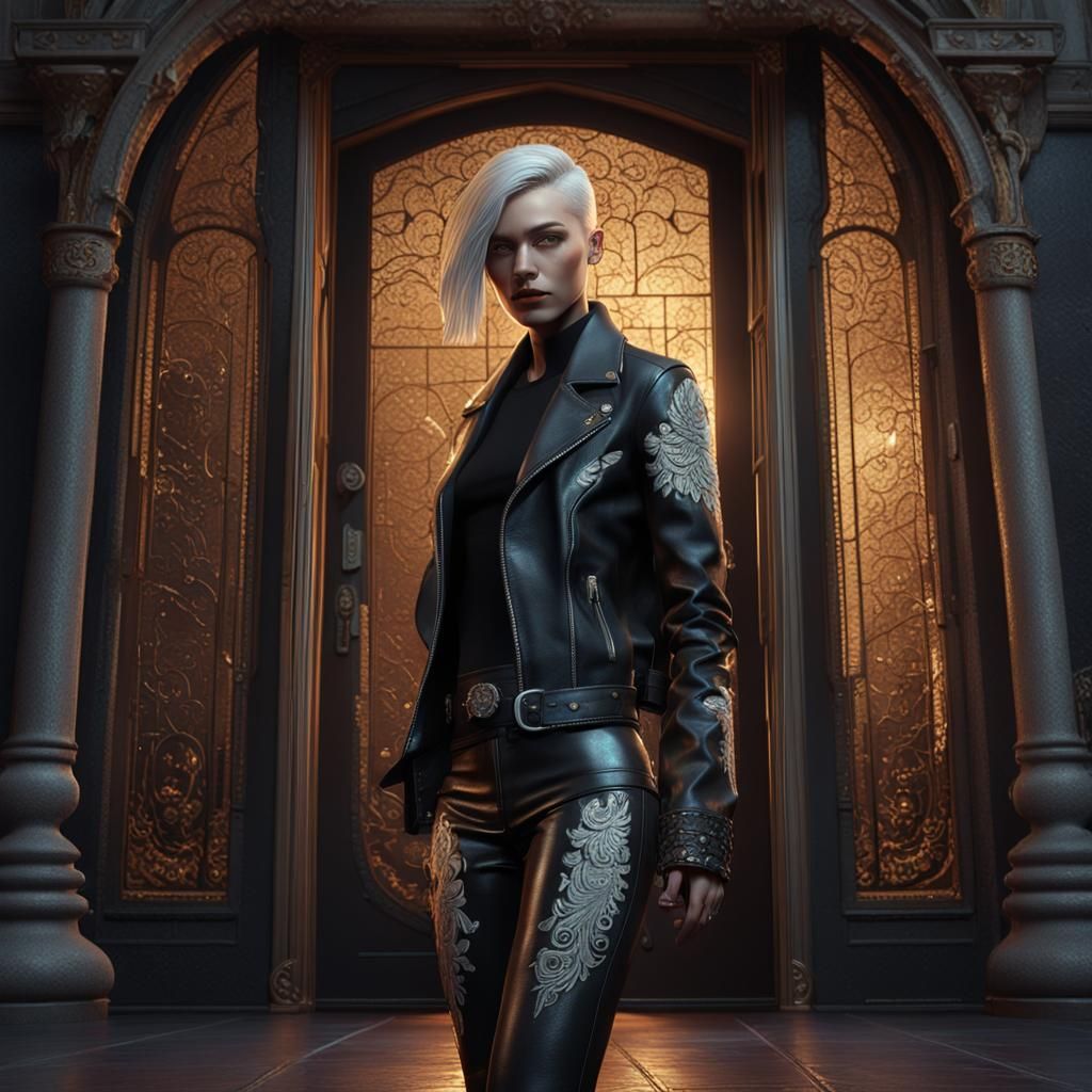 Woman with Shaved Head in Silver Embroidered Leather