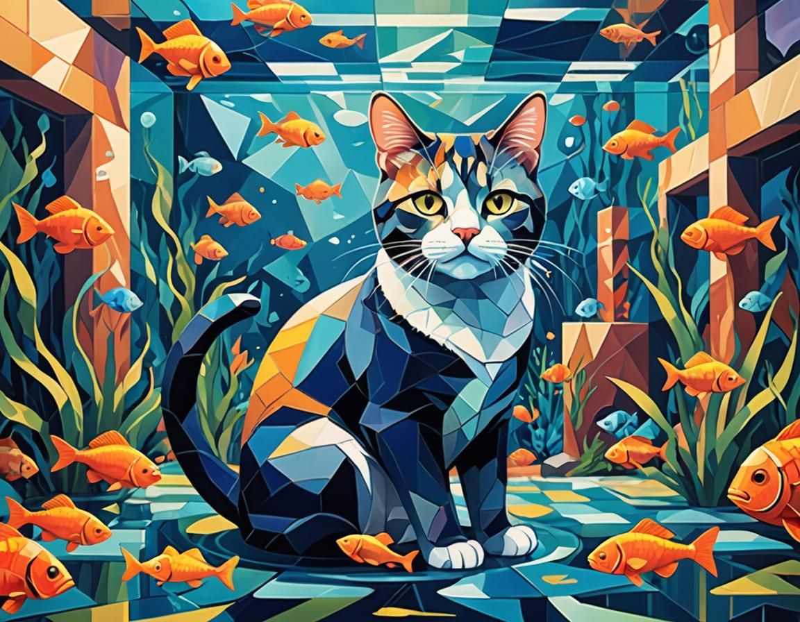 aquarium, water, fish, cat outside, cubist painting, Neo-Cub...