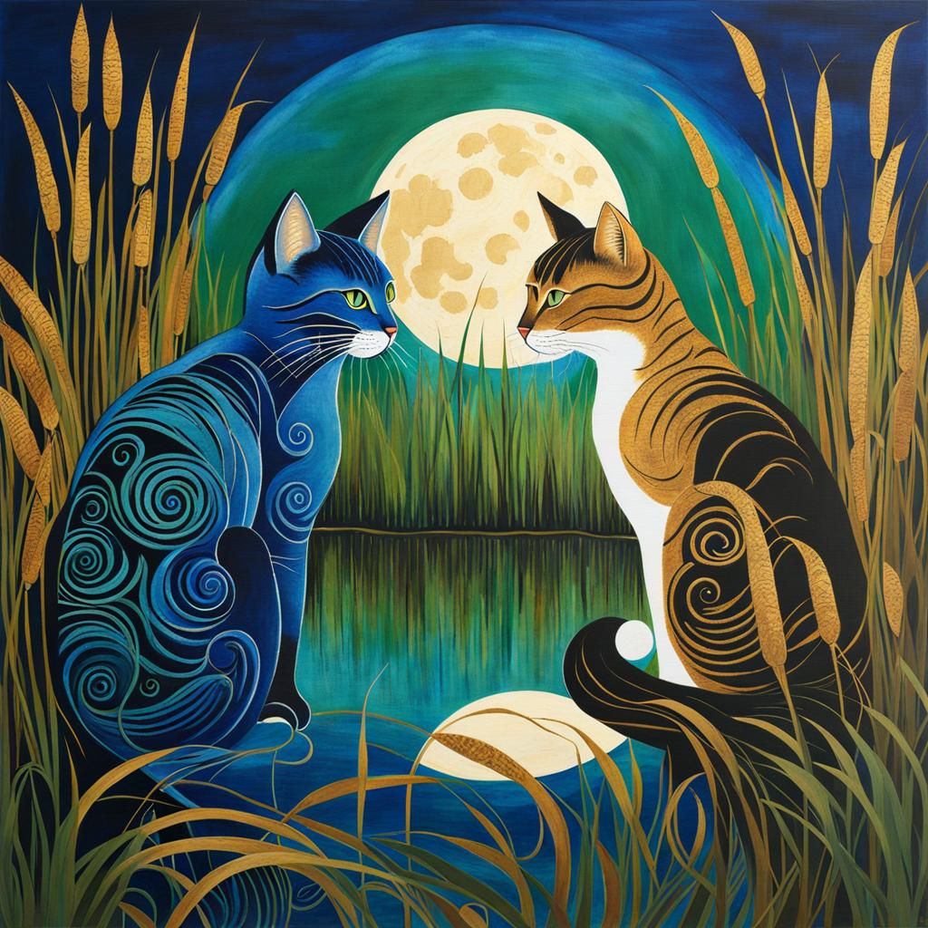 Cats Gazing at Batik Moon: Serene Painting