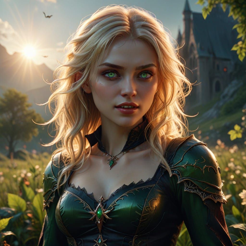 Vampire Woman in Sunny Fantasy Landscape - Epic 3D Game Art