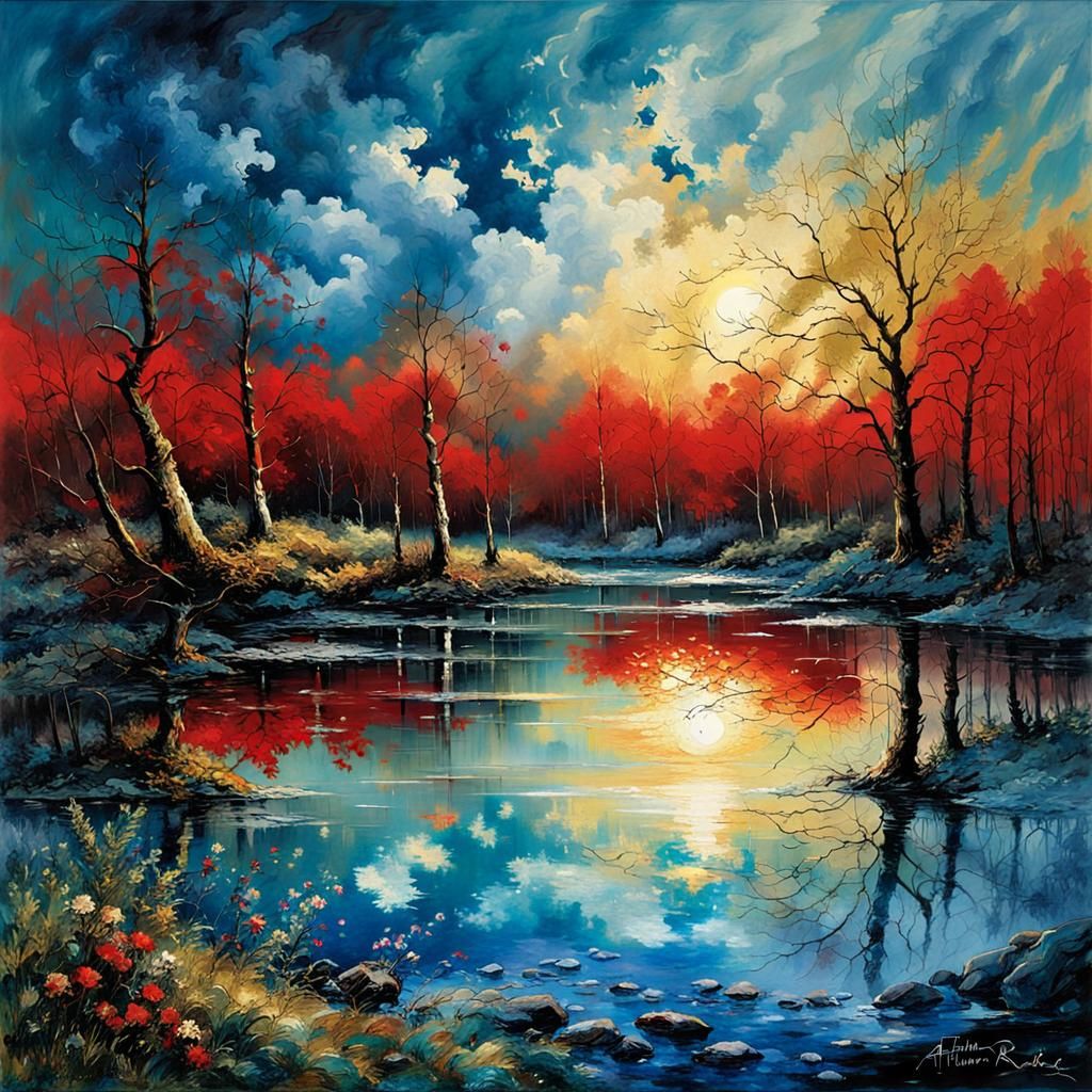 Bioluminescent Sun Over Mirror Lake: Rackham-esque Illustrat...