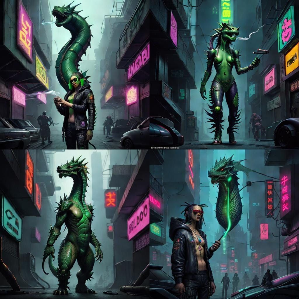 Cyberpunk Dragon Smoking Weed in Dystopian Cityscape