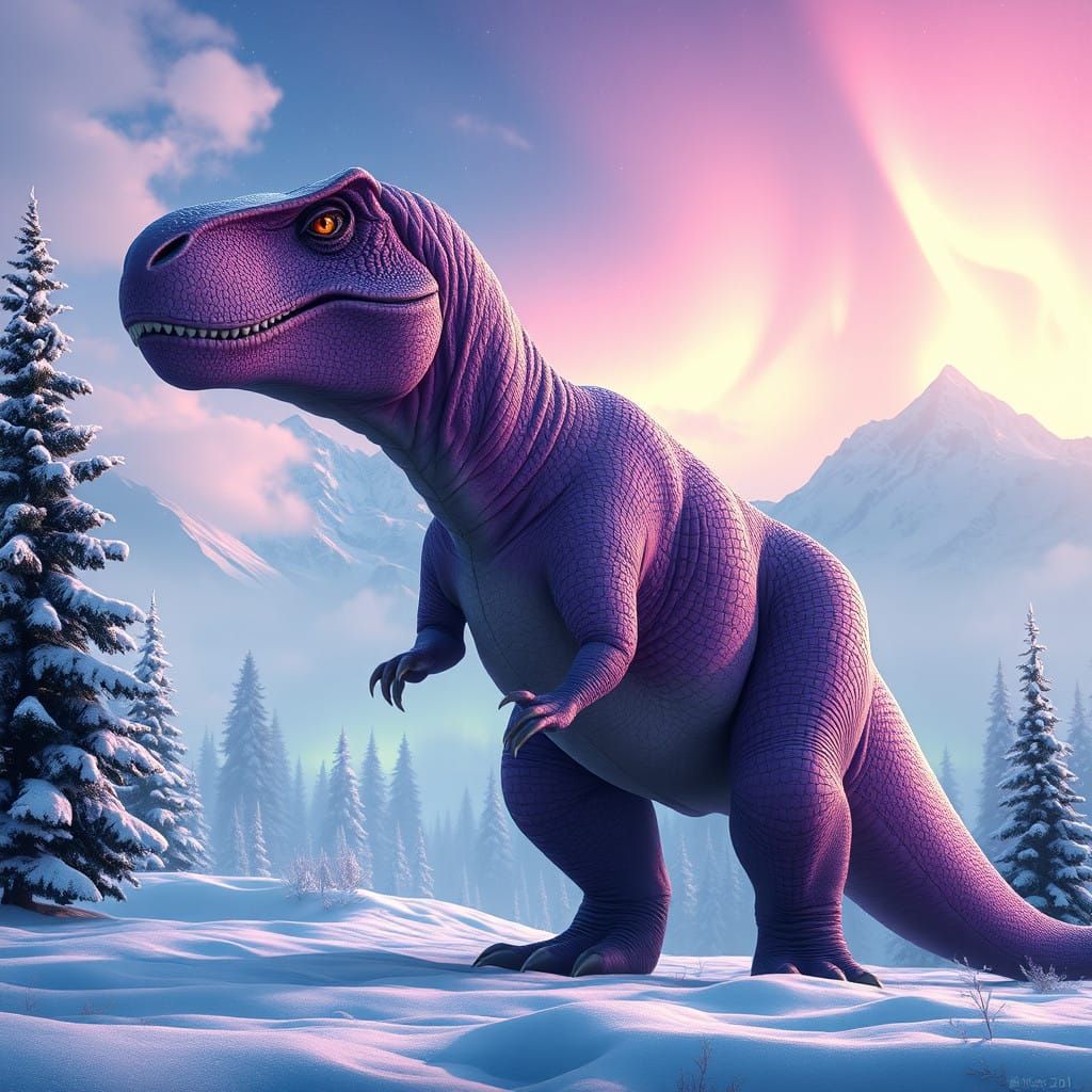 Lavender Tyrannosaurus Rex in Snowy Aurora Landscape