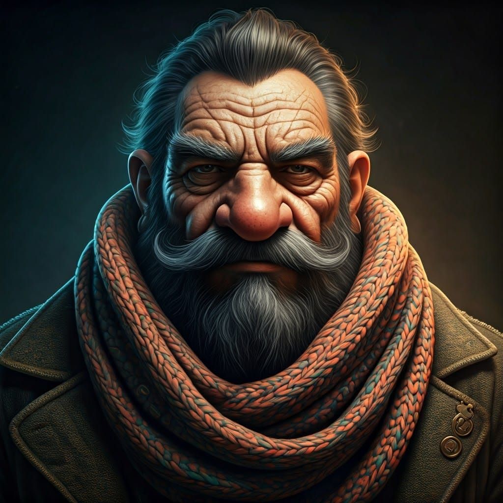 Dwarf Investigator Portrait: Eerie, Oversized Knit Scarf and...