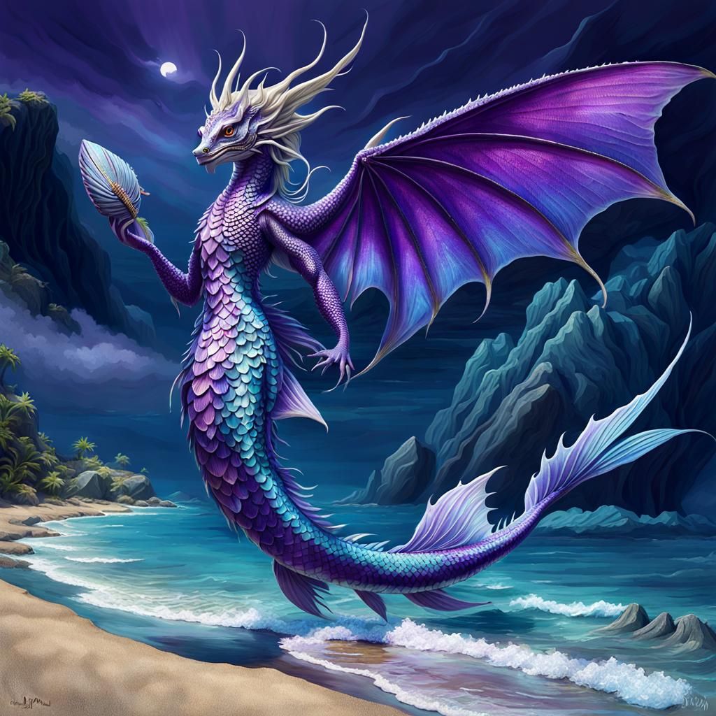 Dragon-Fish Hybrid Creature on a Rocky Beach