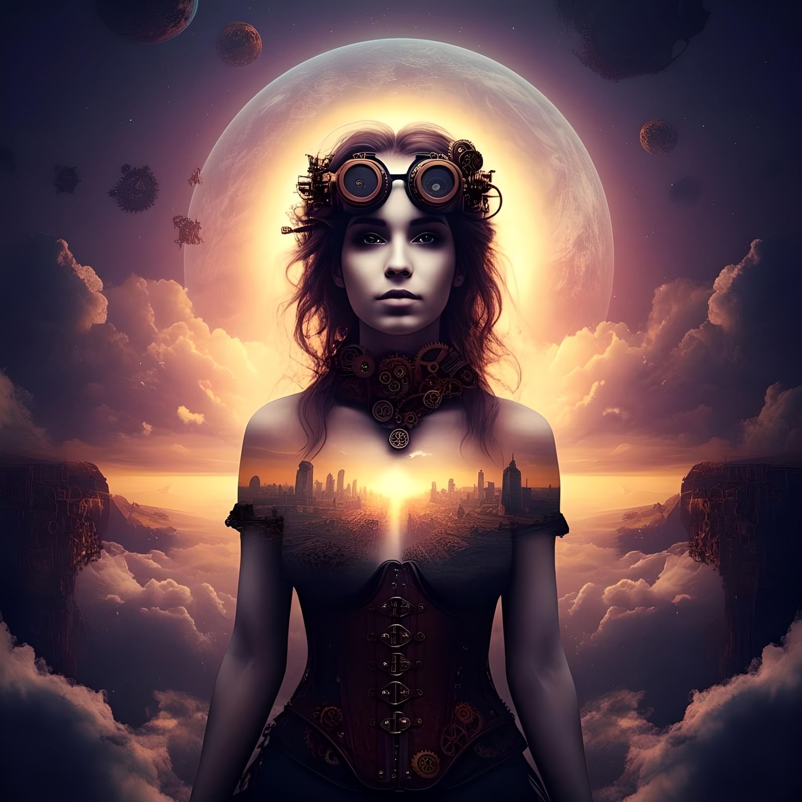 Steampunk Double Exposure Woman in Celestial Scene