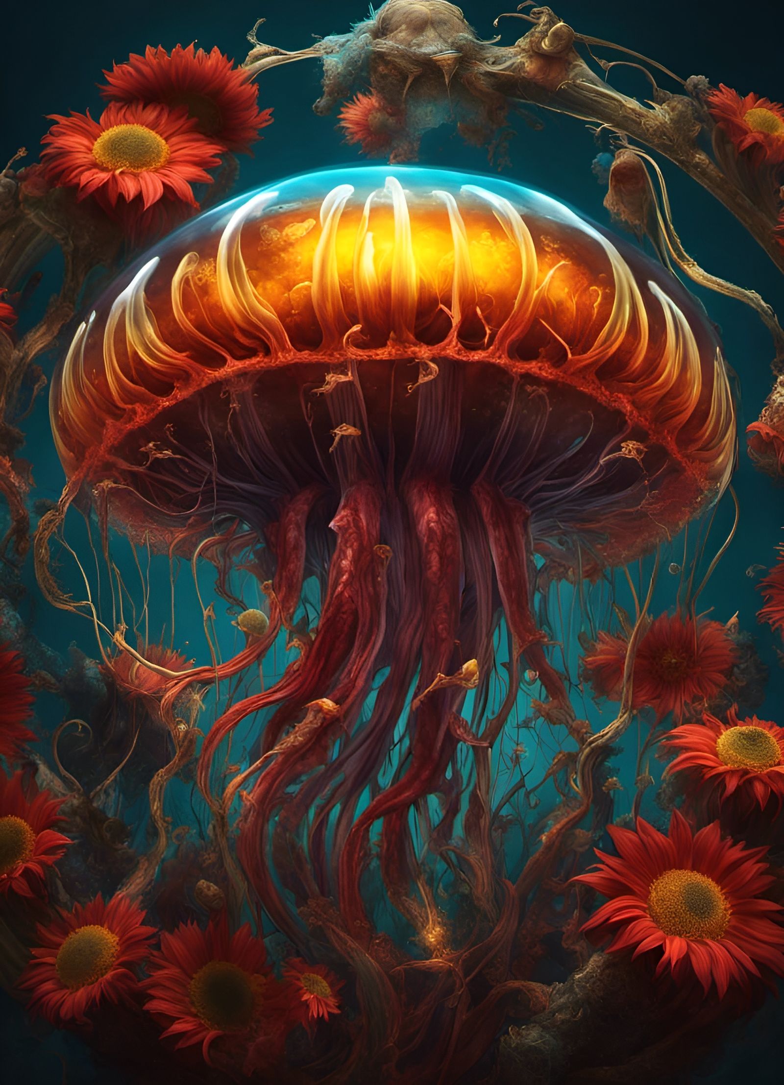 Greek Agora Inside Bioluminescent Jellyfish Sunflower