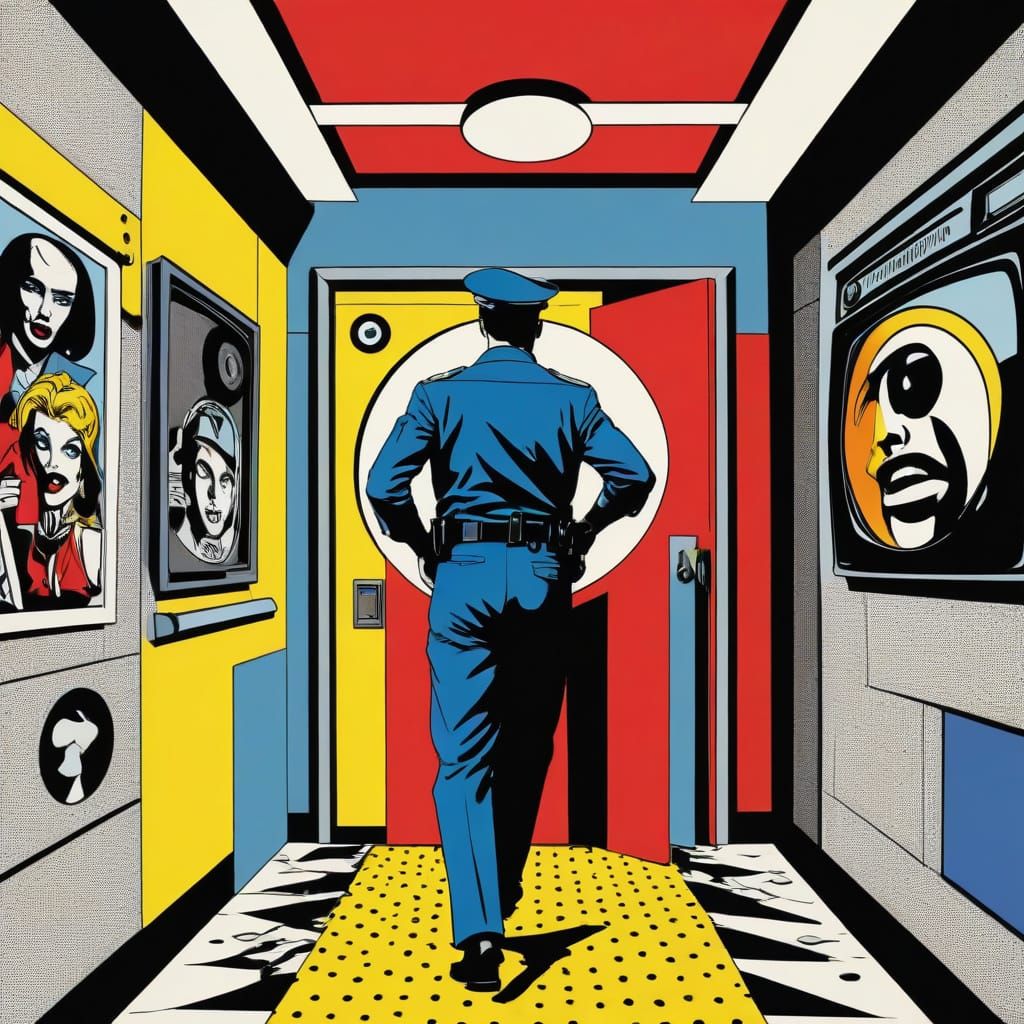 Retro Police Officer with TV Head in Fisheye Perspective