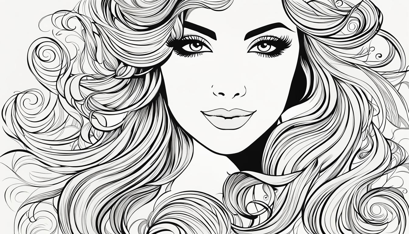Line art of a beautiful mezzo-soprano singer, with expressive eyes and a confident smile, framed by flowing hair. The fa...