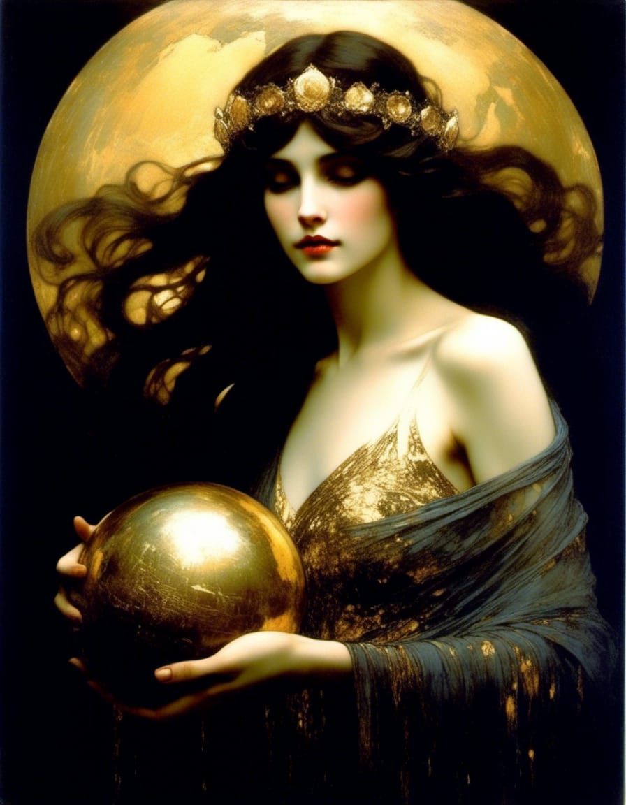 Woman with Globe: Golden Shimmer in Grecian Style
