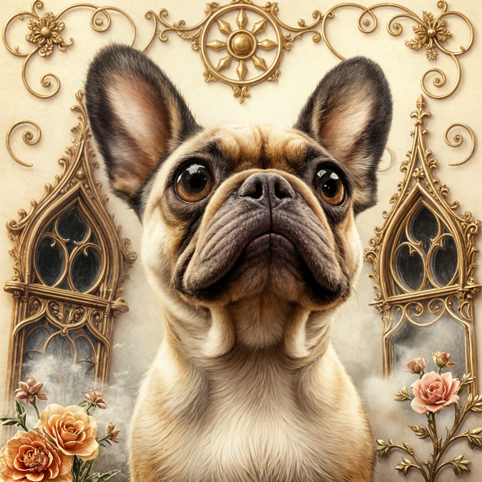 French Bulldog in Whimsical Gothic Fantasy Scene