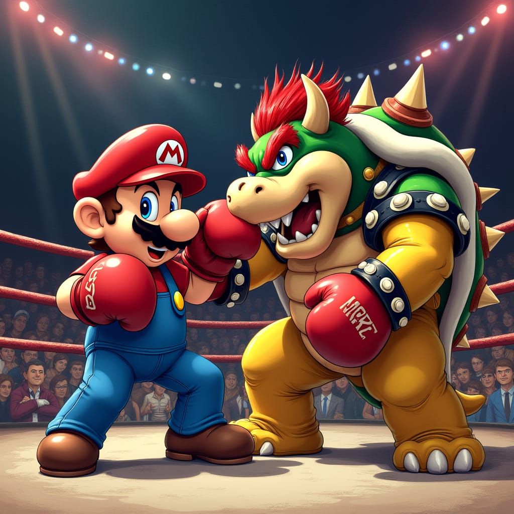 Mario Knocks Out Bowser in a Smoky Boxing Ring