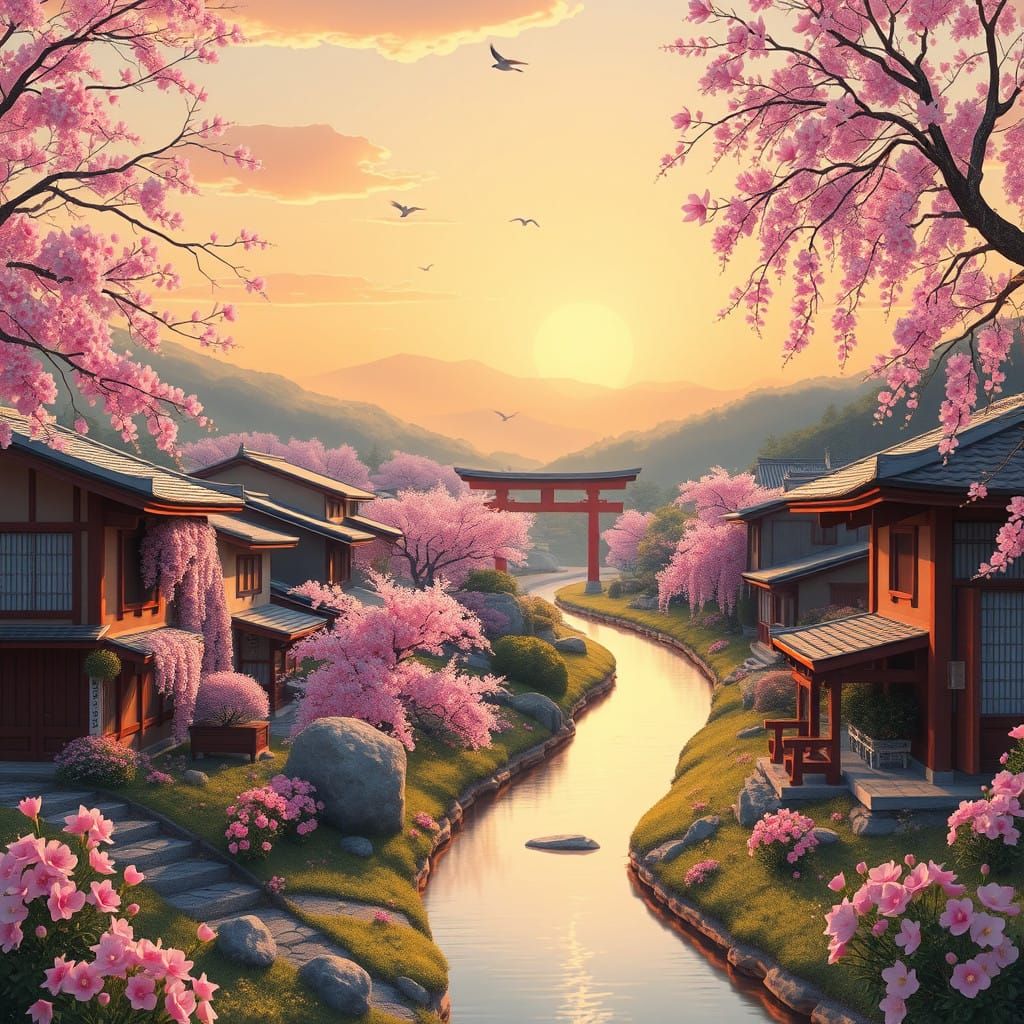 Serene Japanese Countryside in Soft Golden Light