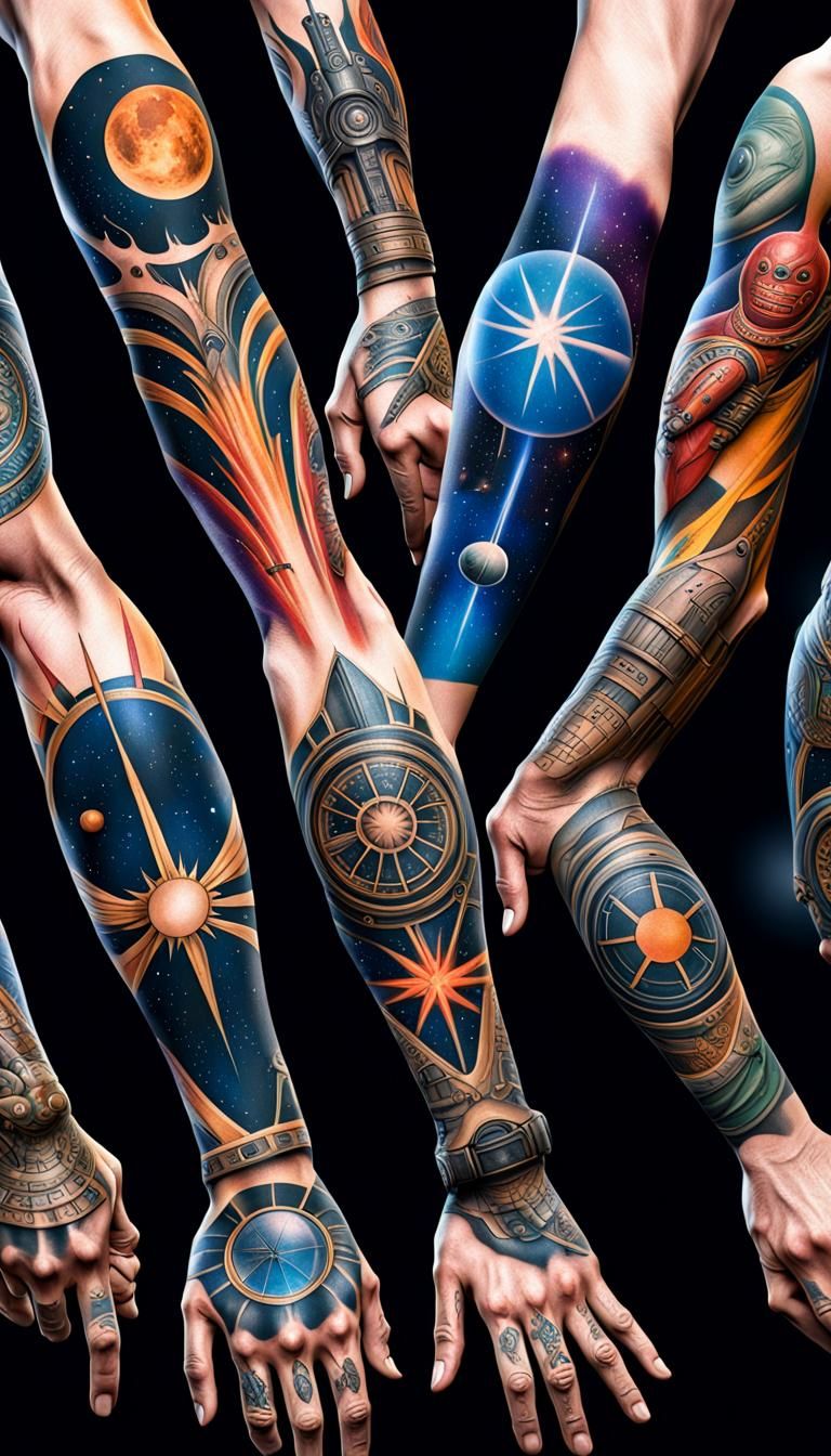 Sci-Fi Tattoo Arm Array in Hyperrealistic Style