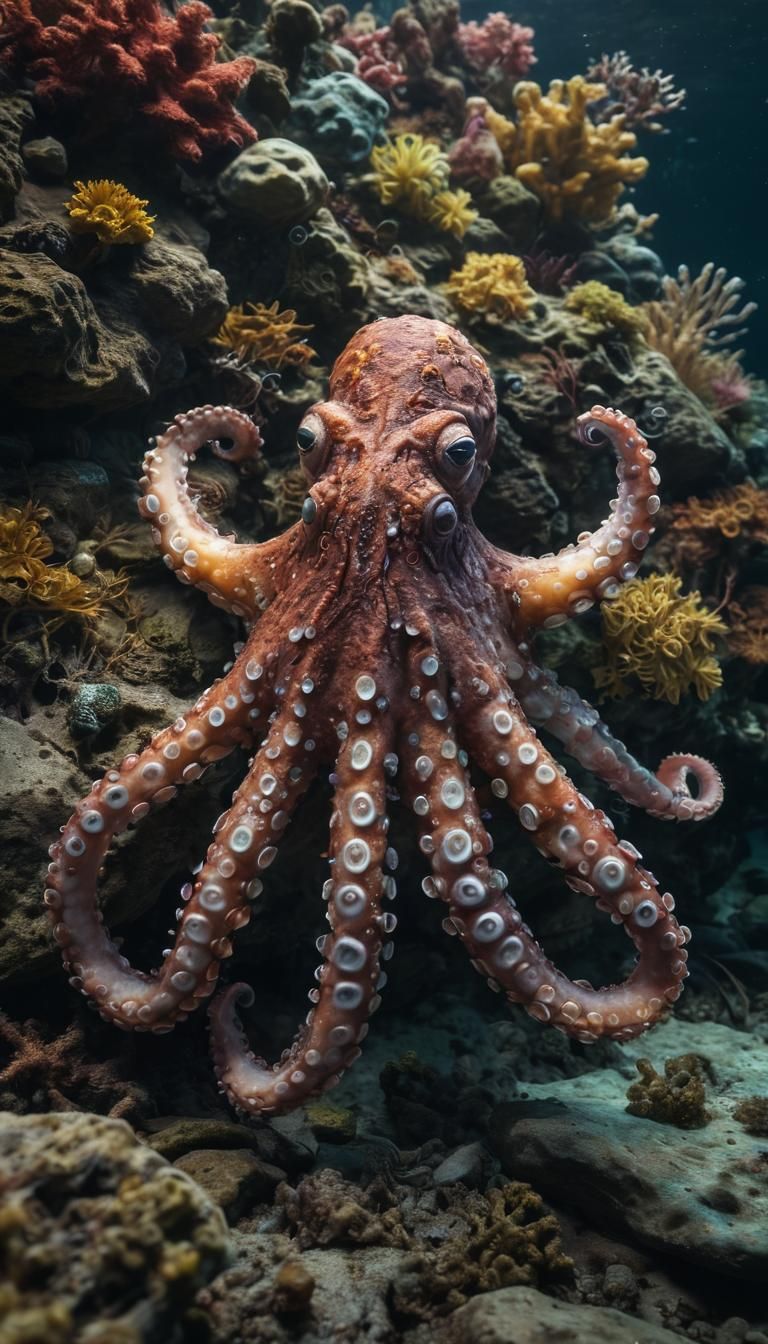 A vibrant octopus resting on a rock outside of water, with a...