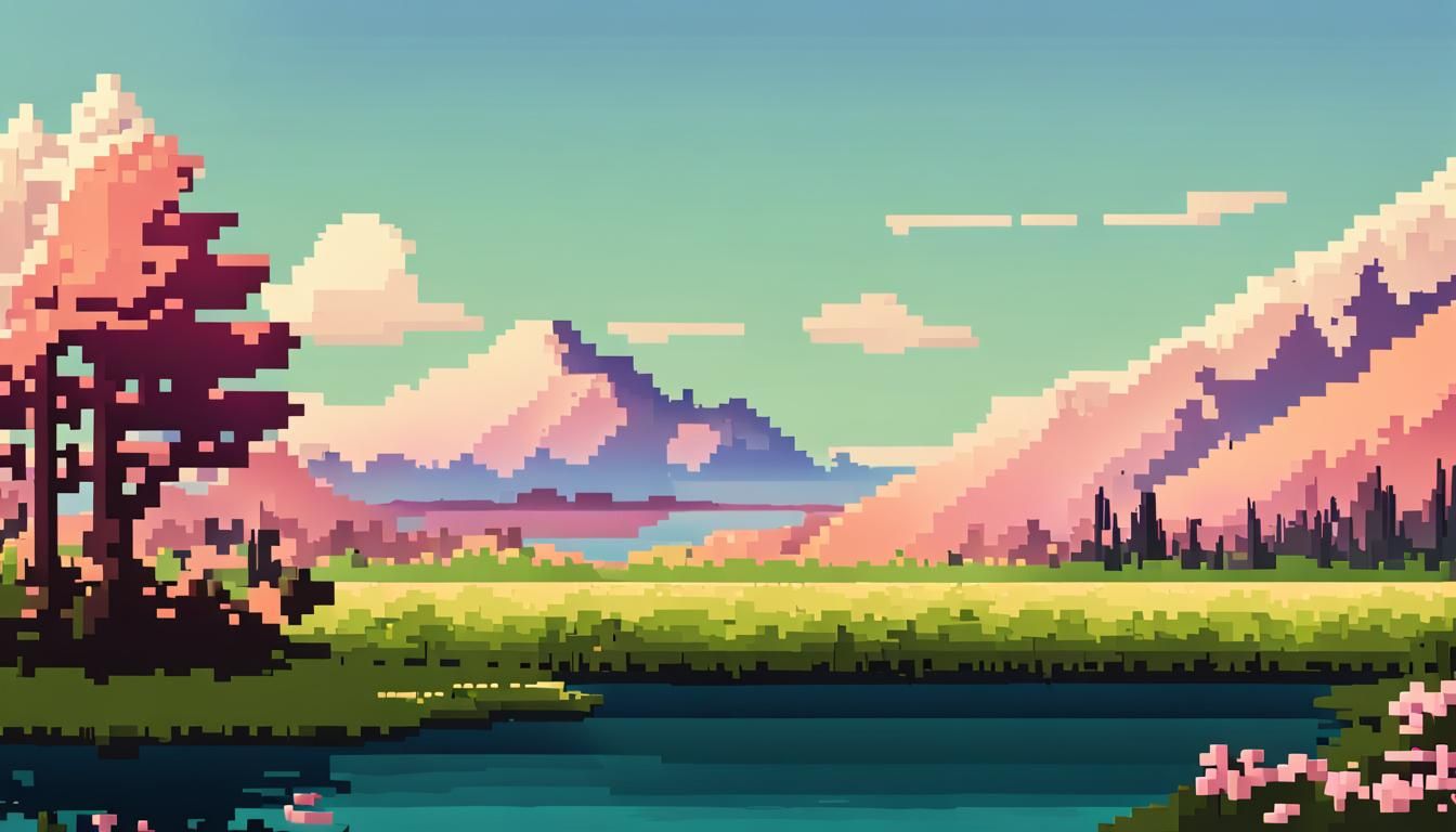 16-bit Pixel Art Landscape with Pink Tree