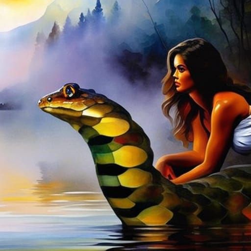 Woman and Monster Snake in Watercolor Style