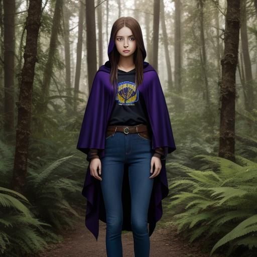 Girl in Purple Cloak Standing in Forest
