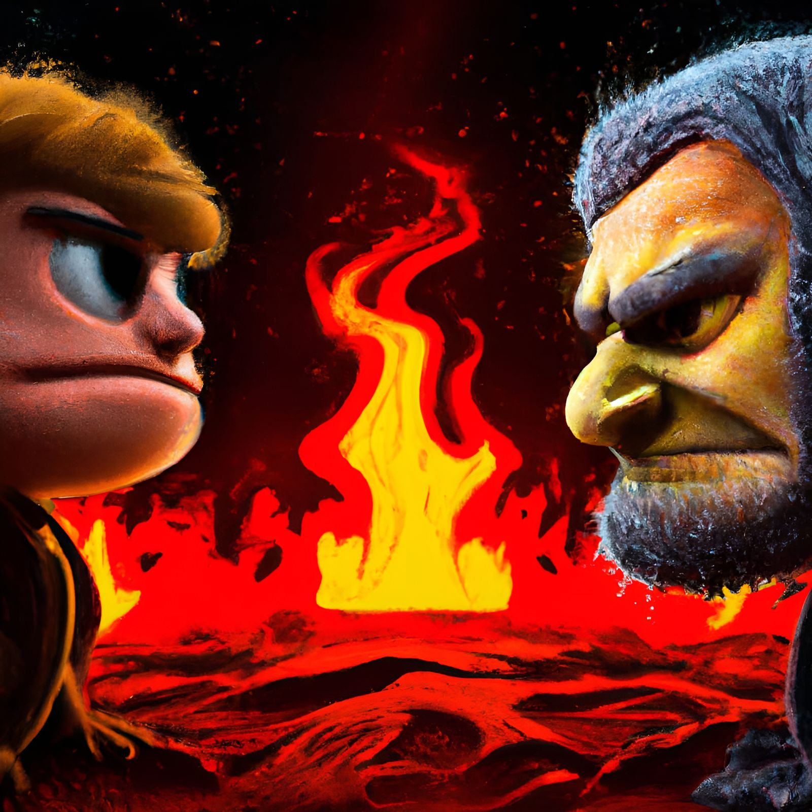 Hyperrealistic Muppet Duel on Lava Planet