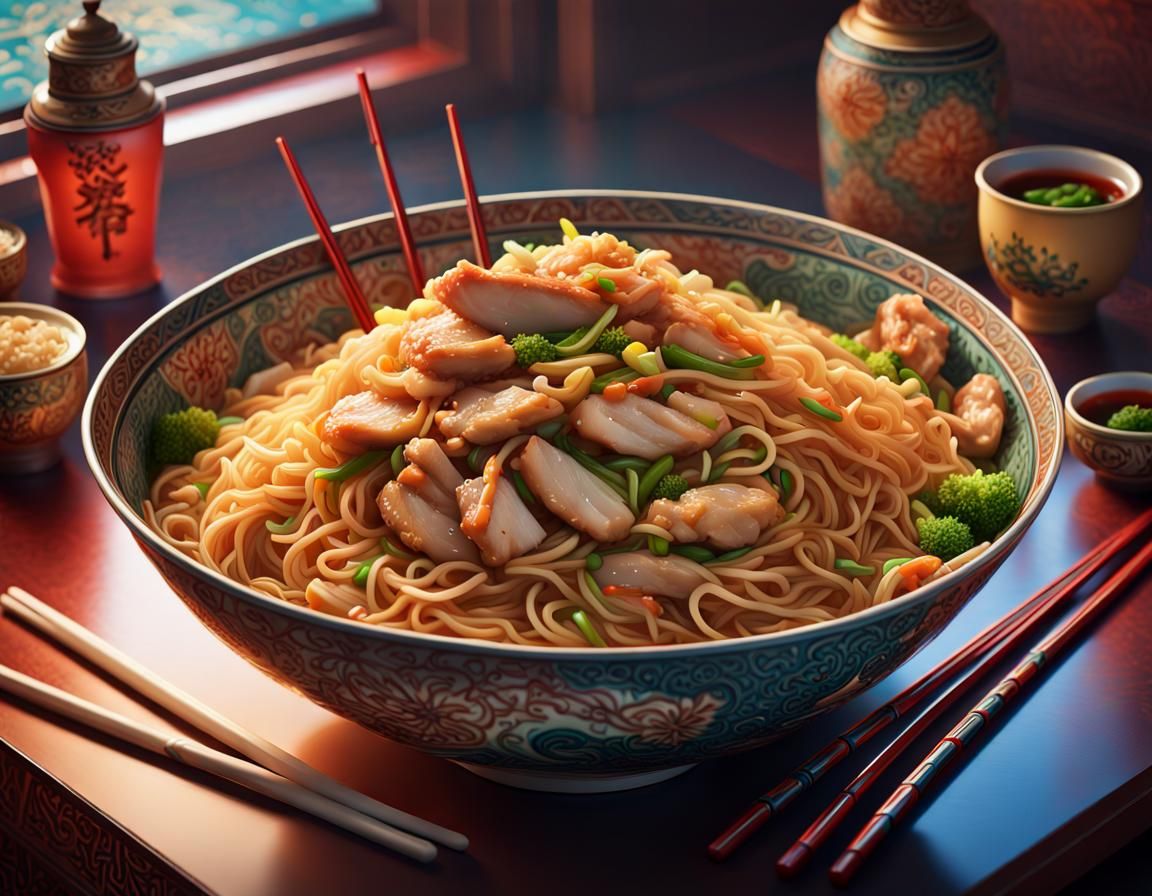 Chicken Chow Mein in Chinese Restaurant, Digital Art