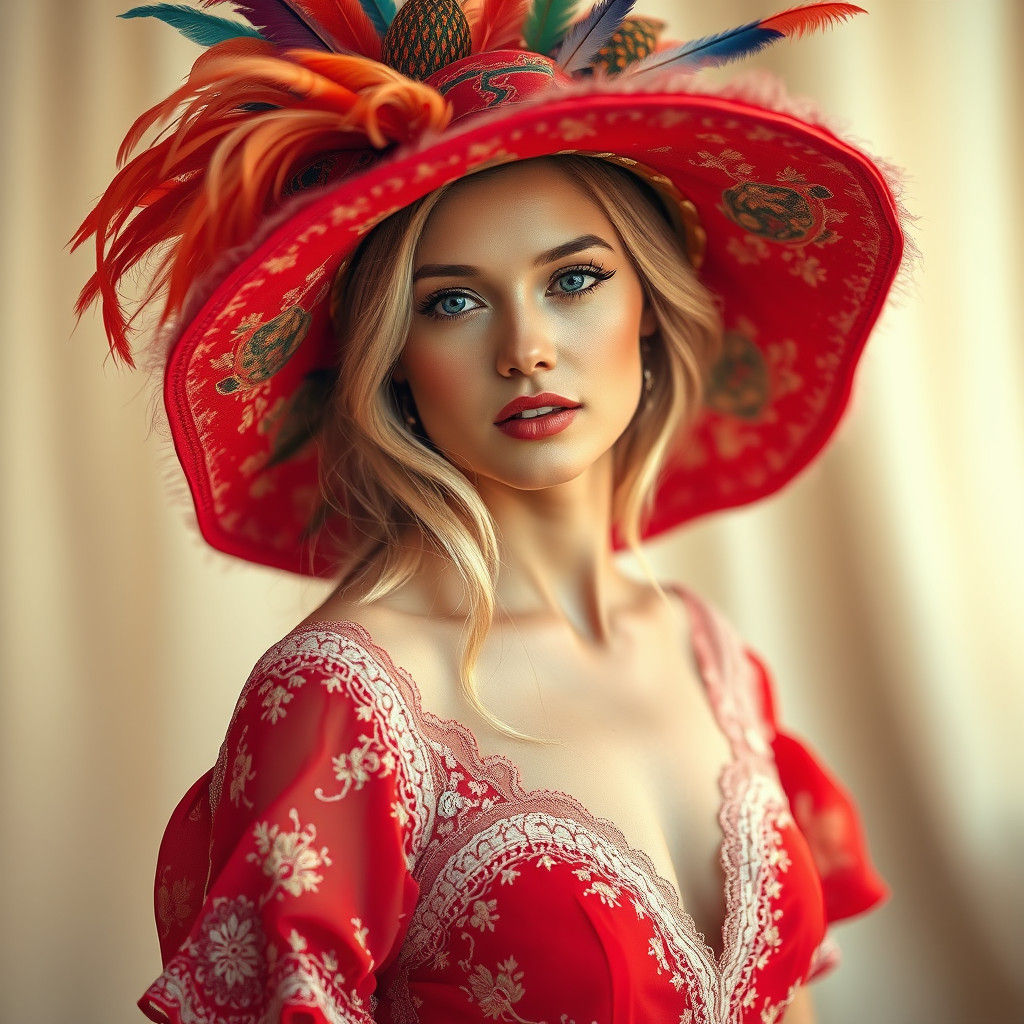 Elegant Blonde Woman in Red Dress: Hyperrealistic Fashion Ph...