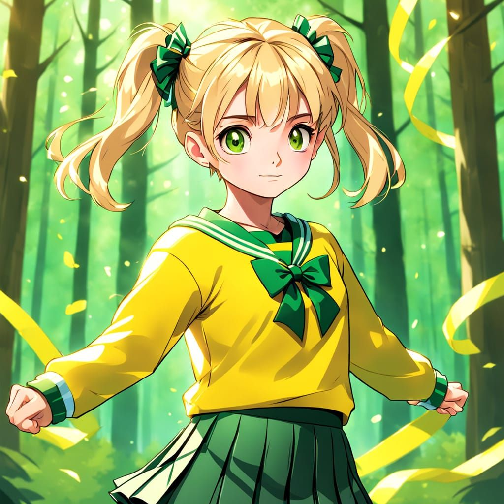 Vibrant Anime Cheerleader with Yellow Sweater and Green Acce...