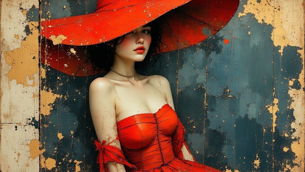 Elegant Woman in Red Dress and Hat