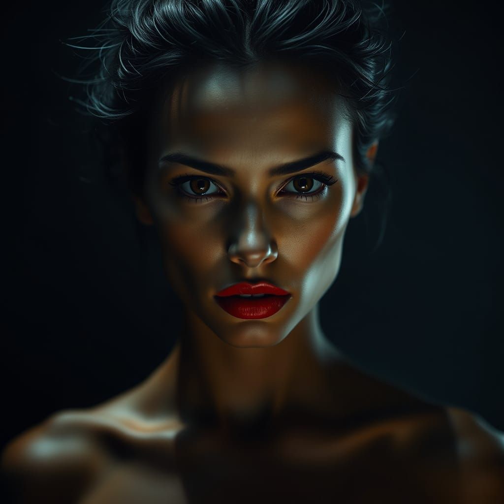 Darkly Illuminated Portrait of a Flawless Woman in Moody Atm...
