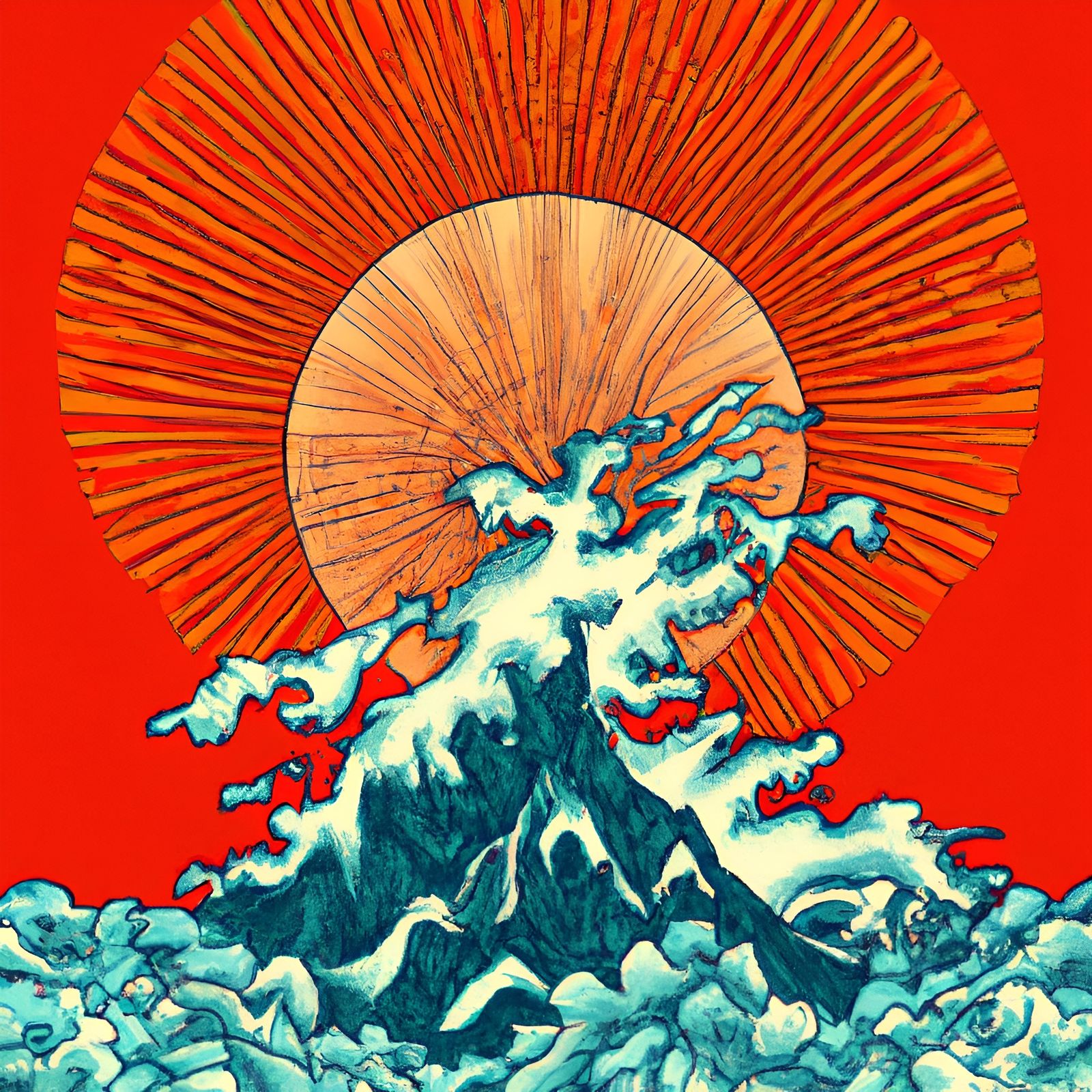 Ice and Fire Explosion Over Hokusai Landscape