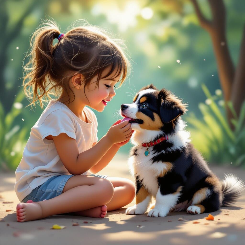 Girl Playing With Dog, Hyperrealistic Splash Art