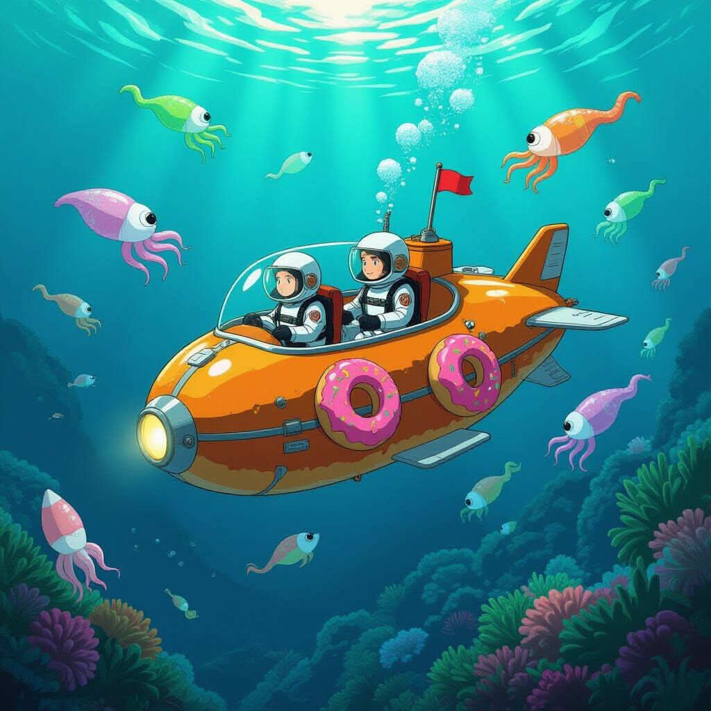 Donut Submarine Crew Explores Bioluminescent Candy Trench