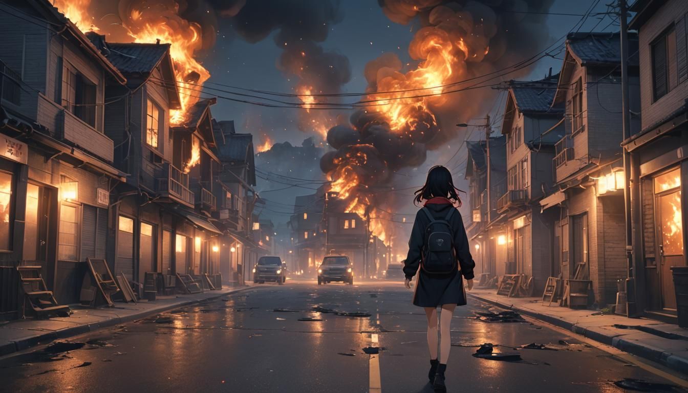 Girl Walks Past Burning Houses: 3D Anime Art