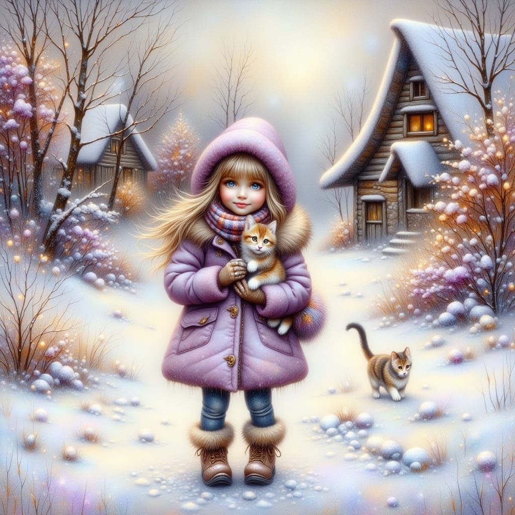 Girl in Lavender Coat with Kitty in Winter Landscape