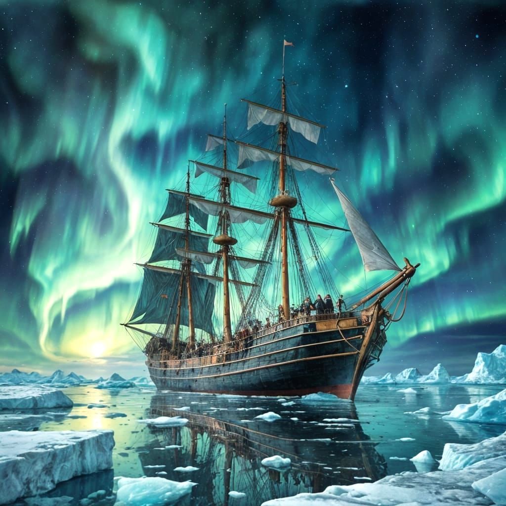 Arctic Explorers Encounter Sea Ice in Watercolour Style