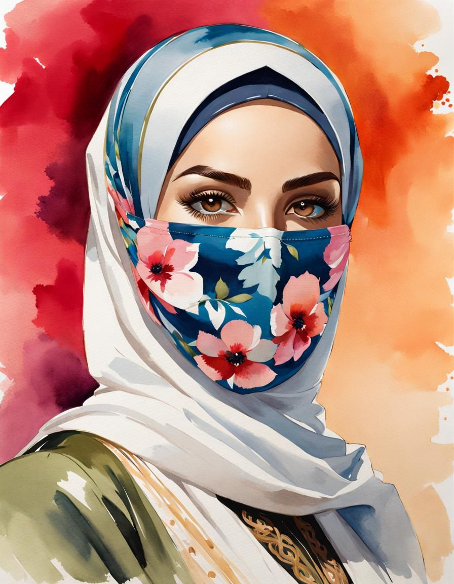 Watercolor Portrait of Woman in Hijab and Facemask
