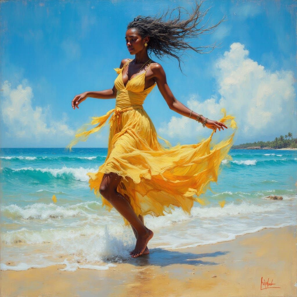 Elegant African Goddess Dancing on a Beach