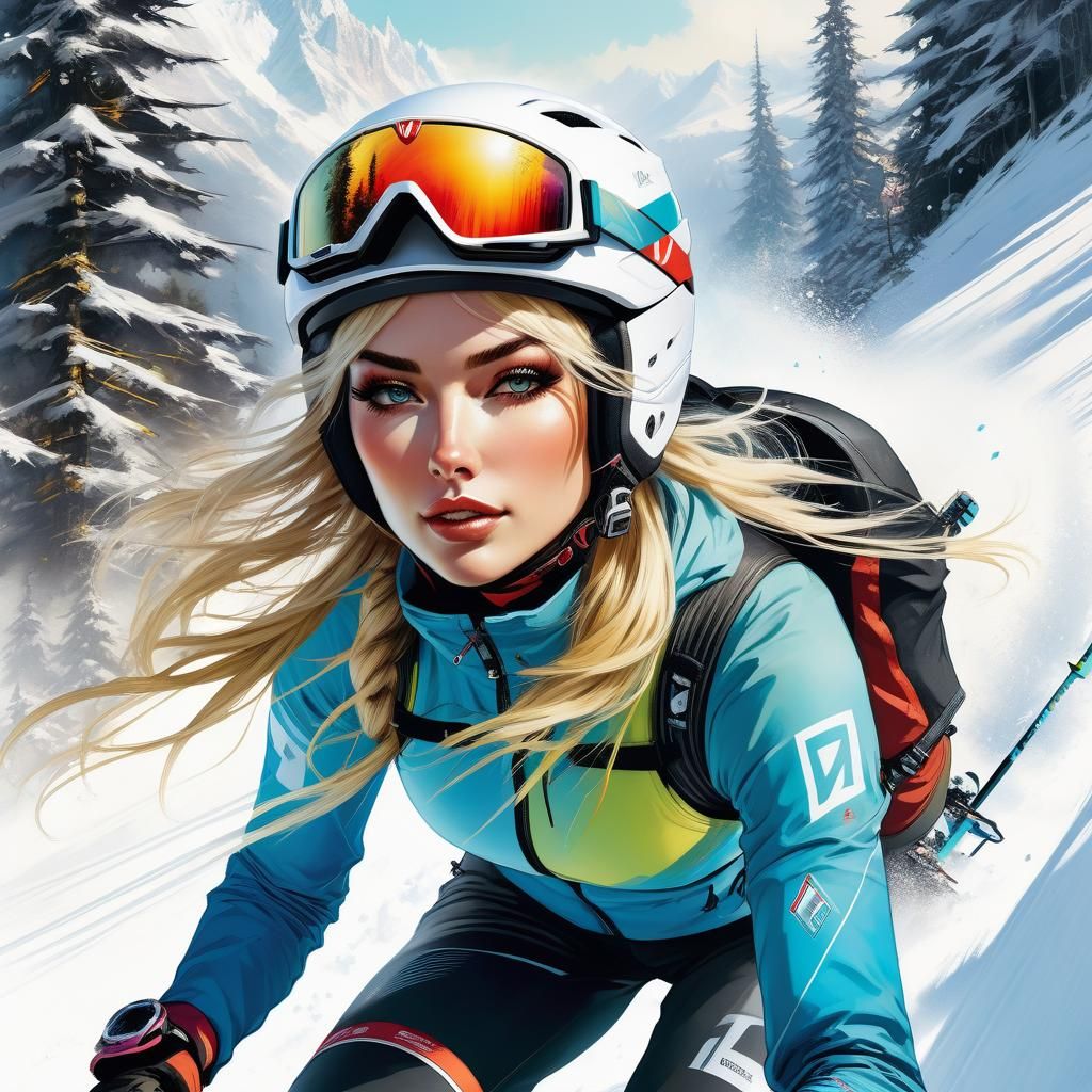 Downhill Skier in Anime Style Illustration