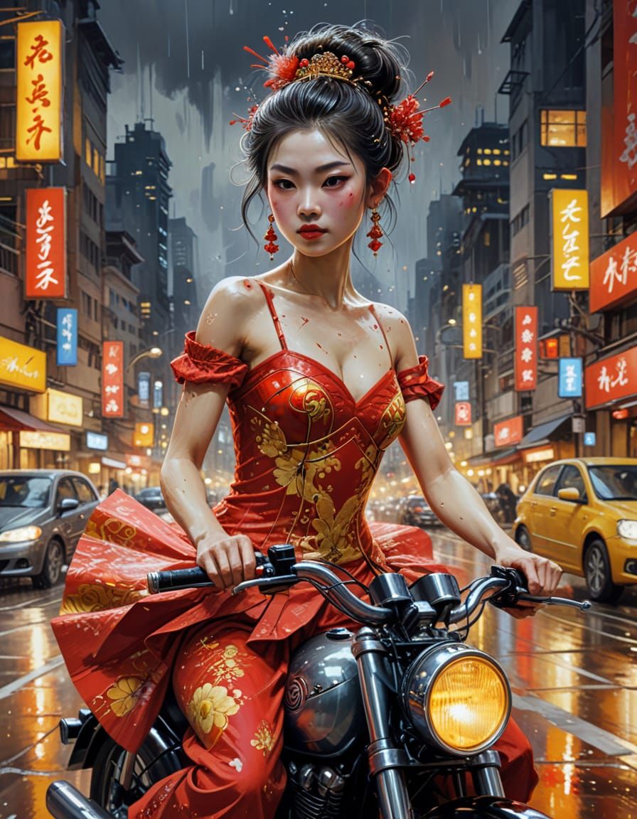 Ballerina Oiran On Motorbike in Night Cityscape
