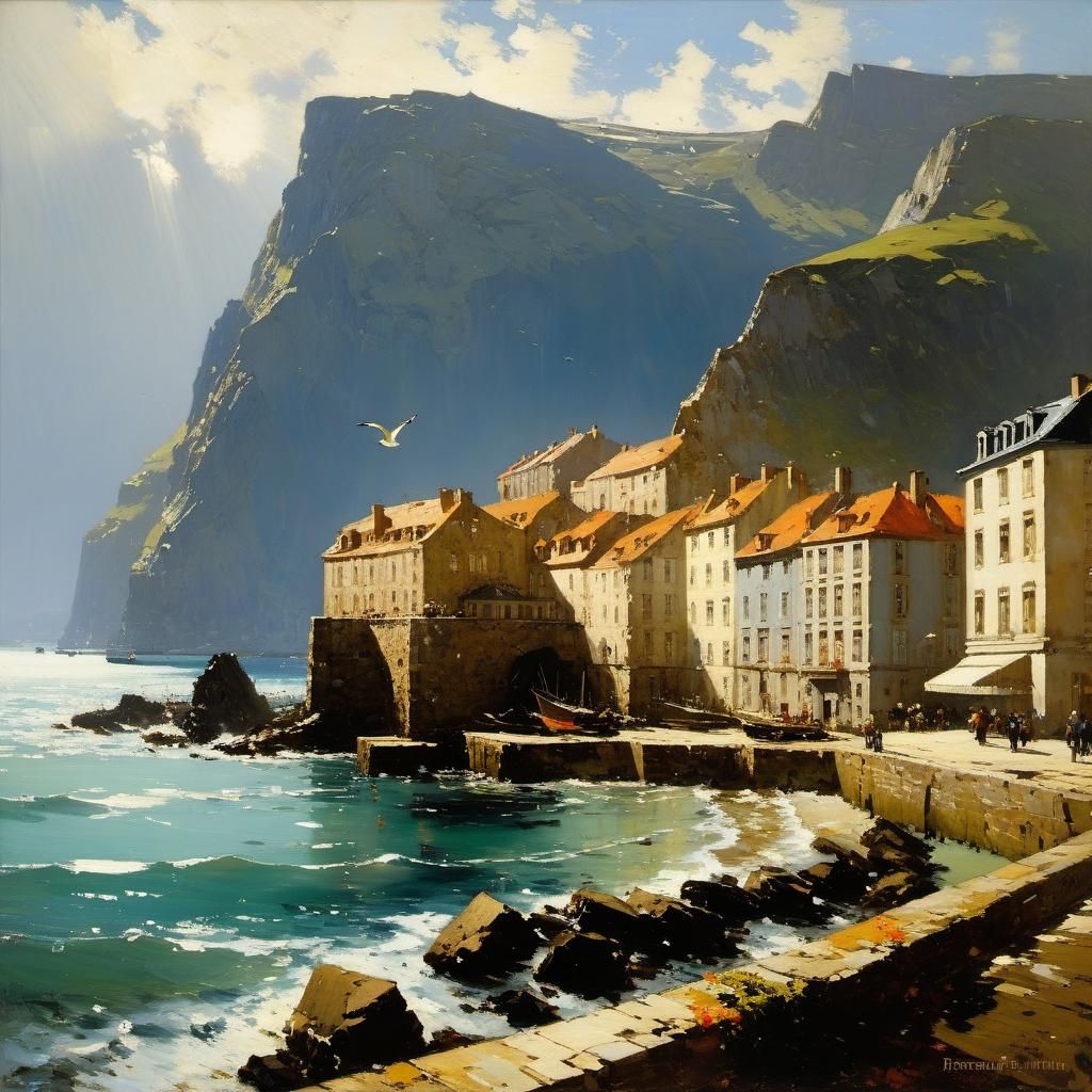 Picturesque Harbor City Oil Painting with Gulls