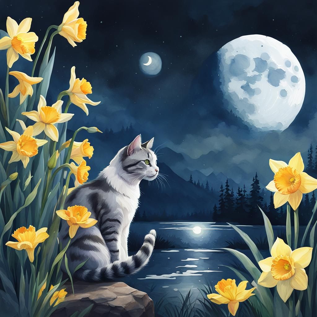Watercolor Cat and Moon with Daffodils