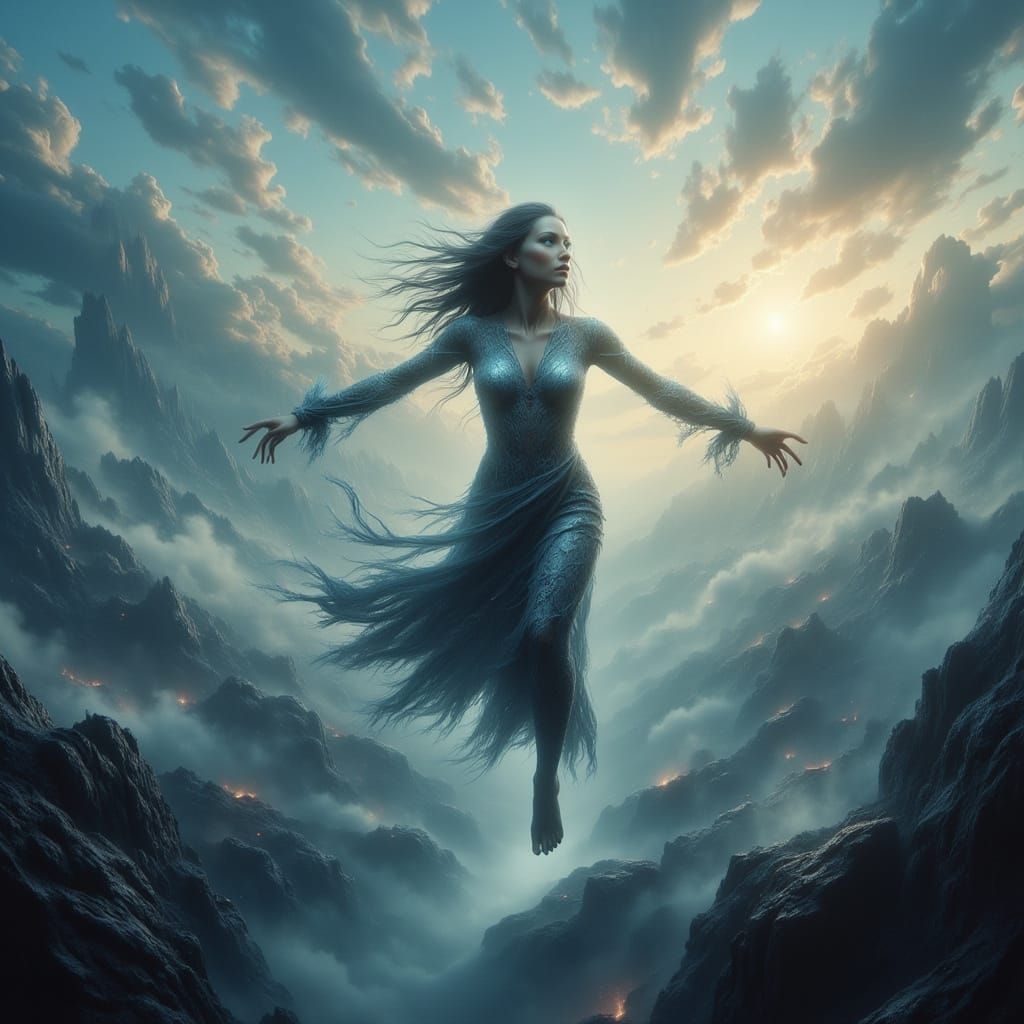 Woman Soars Over Fear and Pride in Ethereal Futuristic Style