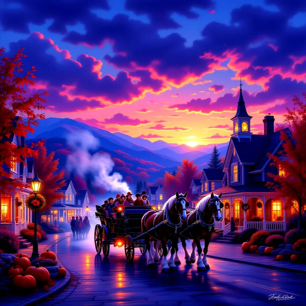 Autumn Sunset Horse Carriage Ride in Magical Town